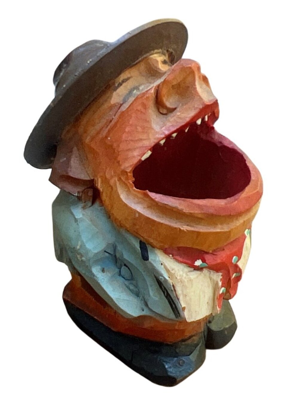 Hand-Carved Wooden Cowboy Toothpick Holder Rustic Folk Art Figurine Vintage West
